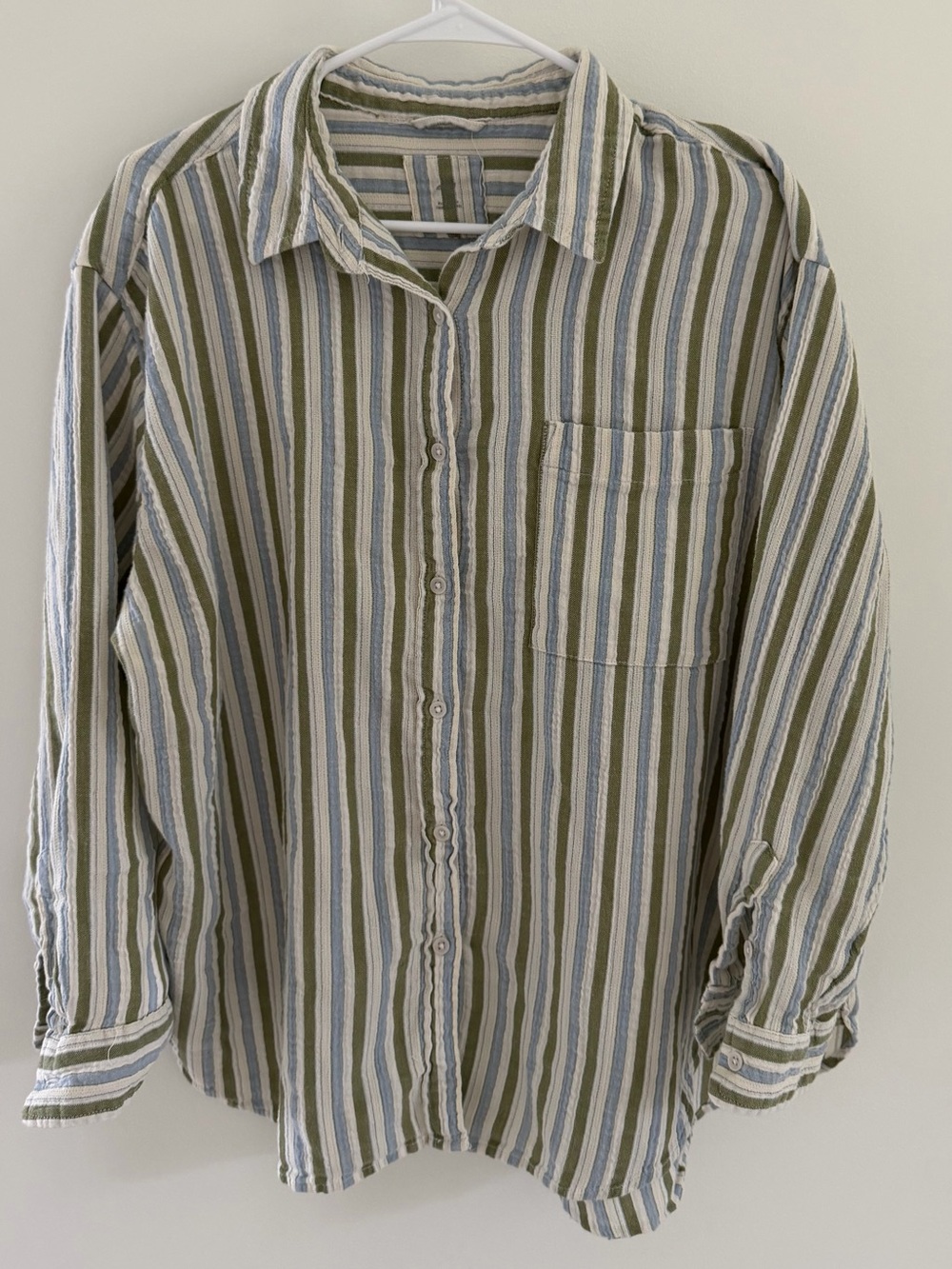 aerie Olive, Blue & White Striped Button-Down Shirt